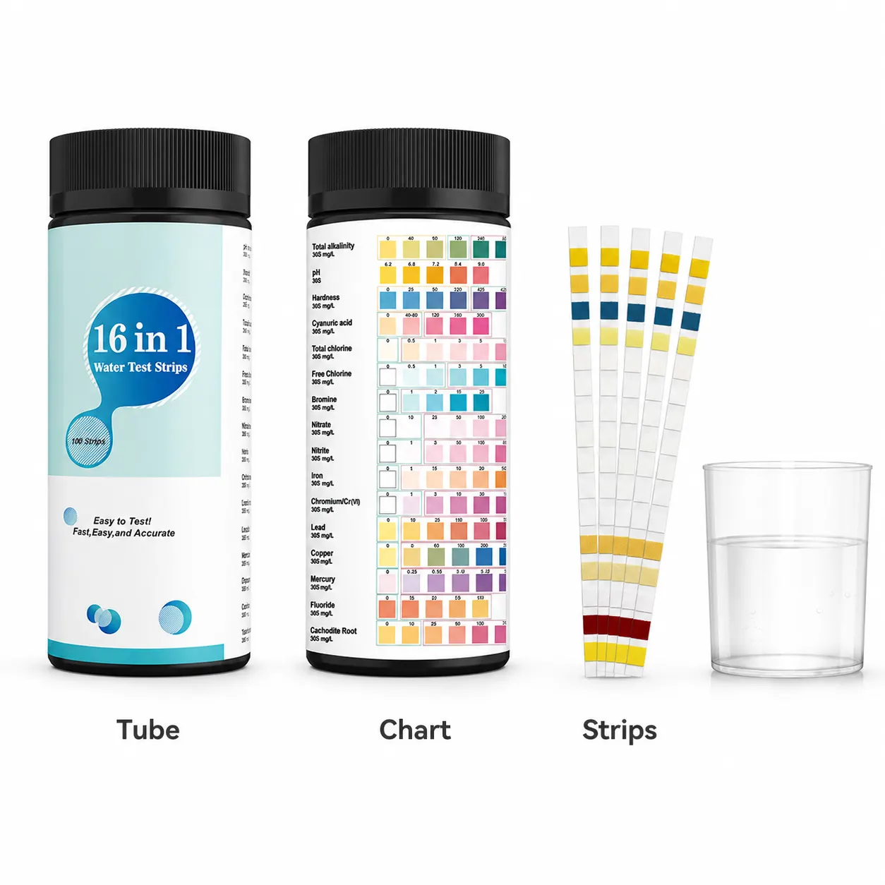Pool And Pond Test Strips and included accessories