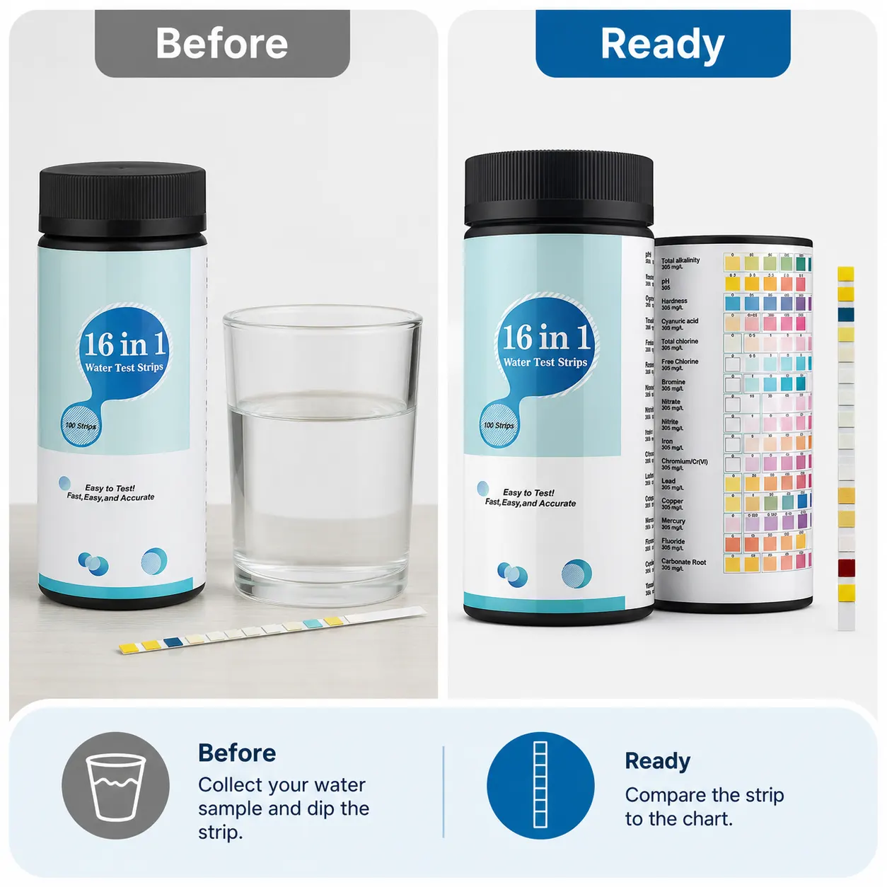 Pool And Pond Test Strips setup and use views